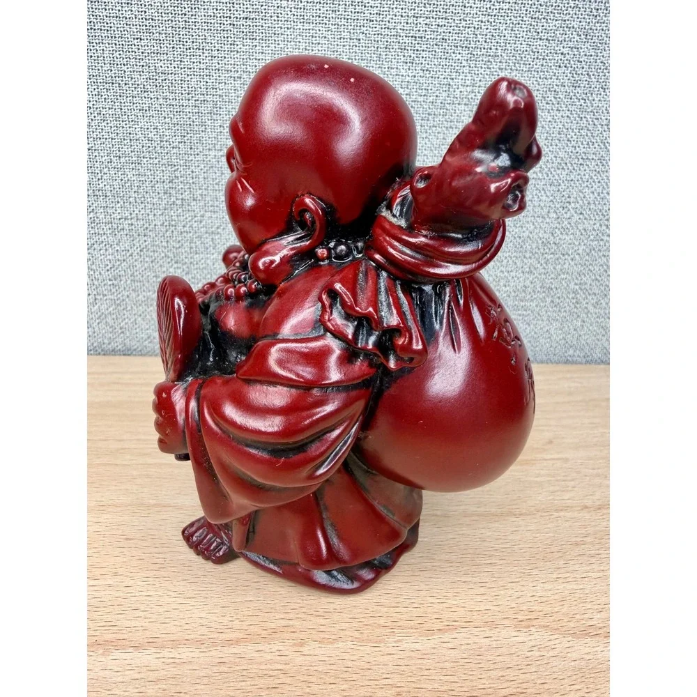 Vintage Red Cinnabar‎ Resin Laughing Buddha Hotei Statue Good Luck Figurine 5